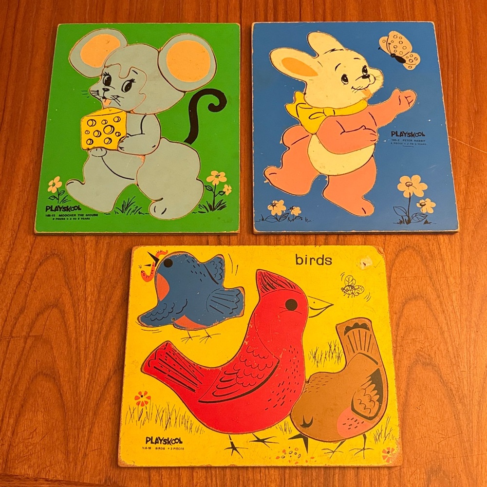 Vintage Playskool Wood Wooden First Puzzle Preschool Large Piece Set of 3